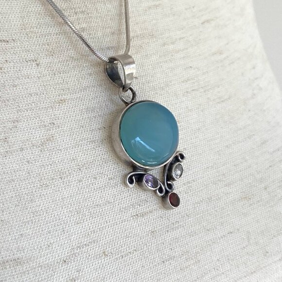 Sterling Silver 925 Chalcedony Amethyst Garnet Iolite Pendant Necklace 20" Chain - Picture 12 of 16